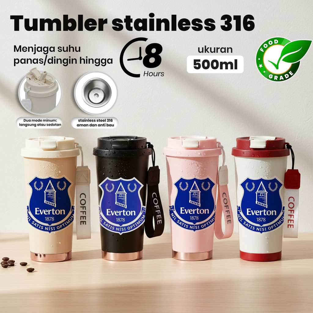 Tumbler Stainless Steel 304 Kapasitas 500ml Dengan Logo Everton FC Food Grade Tahan Suhu Hingga 8 Ja