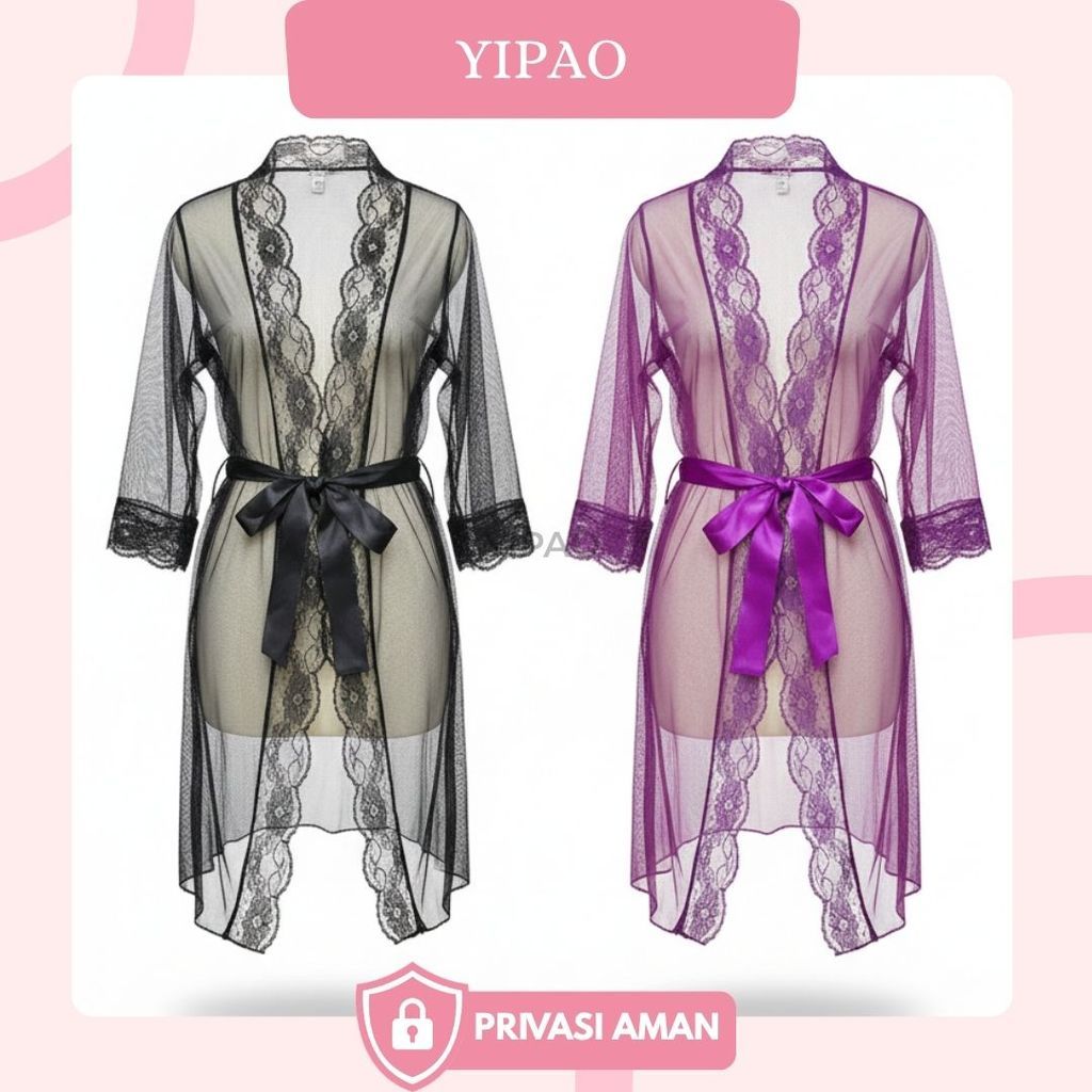 Yipao 909 Kimono Transparan Lace Tipis Kerah Deep Model V Neck Kimono Baju Tidur Dinas Malam Wanita