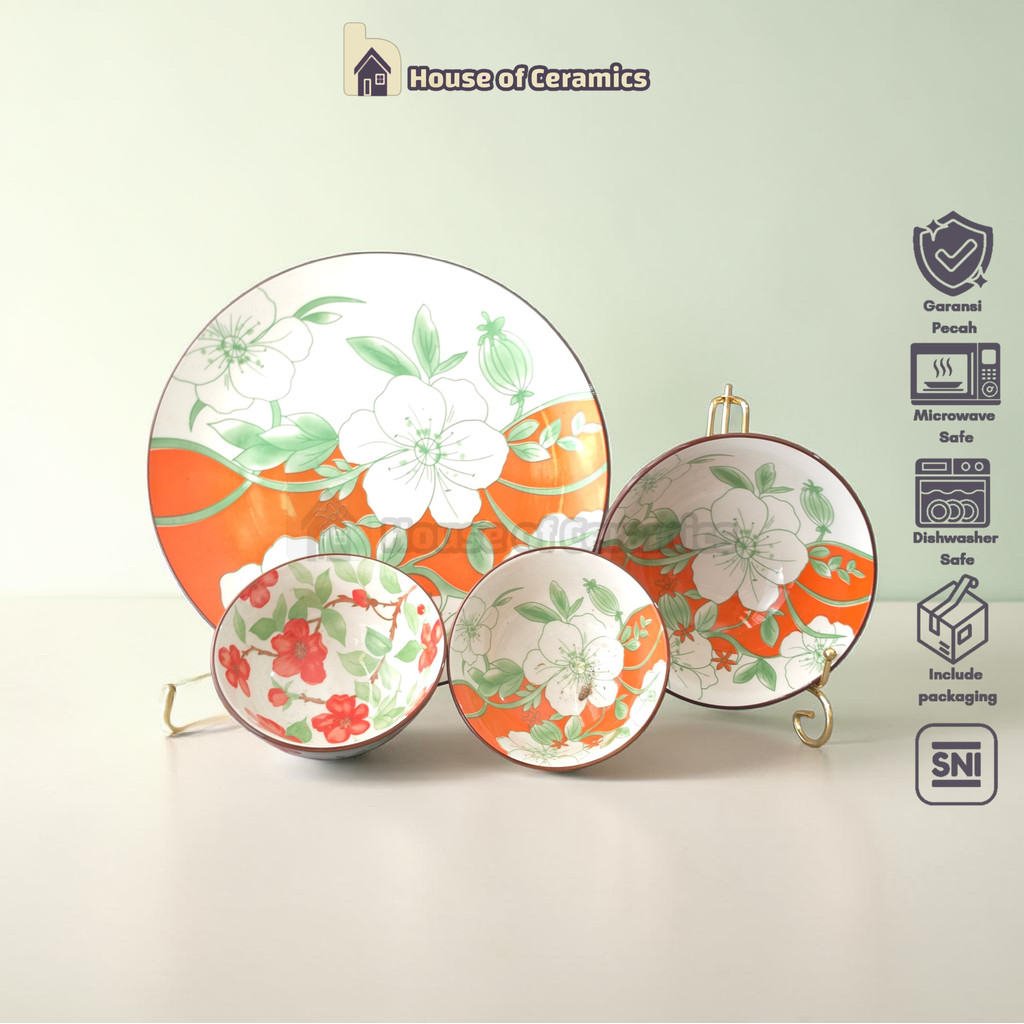 NAKAMI Piring Mangkok Keramik Bunga Cantik Lucu Aesthetic Orange