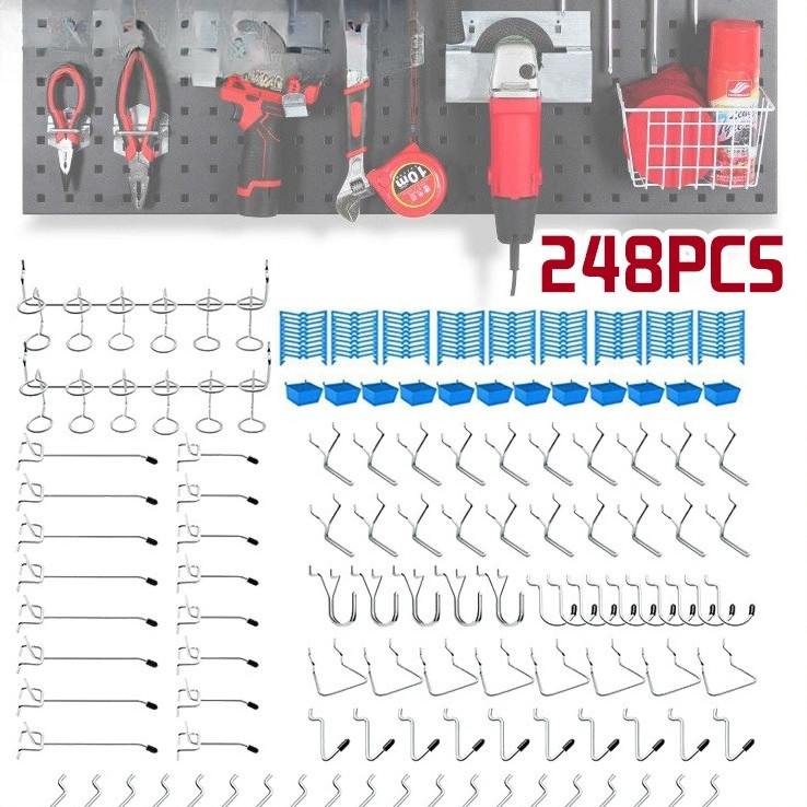 Set Gantungan Pegboard Besi 248 Pc Pengait Lubang Papan Dinding Rak Display Bengkel Gudang Organiser
