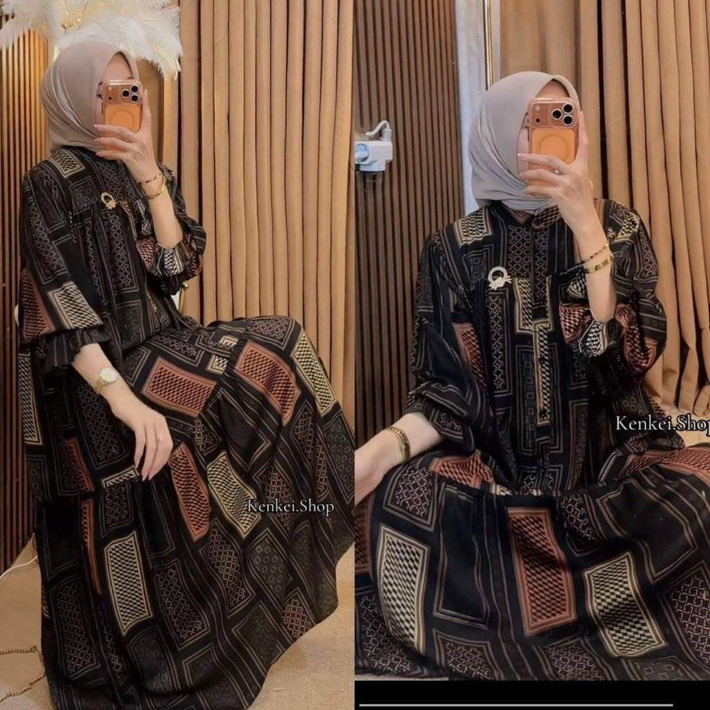 Terbaru gamis Hanum susun motif kekinian Lengan balon Busui friendly -Harga Grosir