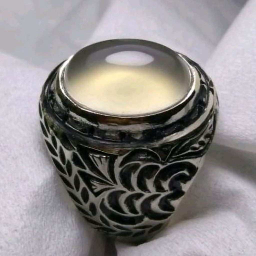 CINCIN BATU AKIK SULAIMAN PUTIH GIWANG EST DIM BATU 14 MM CINCIN PRIA WANITA TERLARIS RING ALPAKA Ri