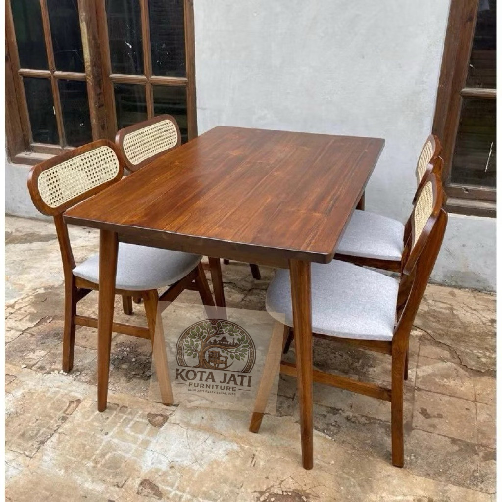 Set Meja Makan Kayu Jati Minimalis Modern 4 Kursi Rotan Jok Empuk – Meja Makan Cafe Rumah