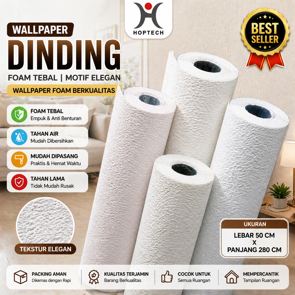 HOPTECH - Wallpaper Dinding Linen Roll Wallpaper foam Dekorasi Kamar wallpaper coral A12