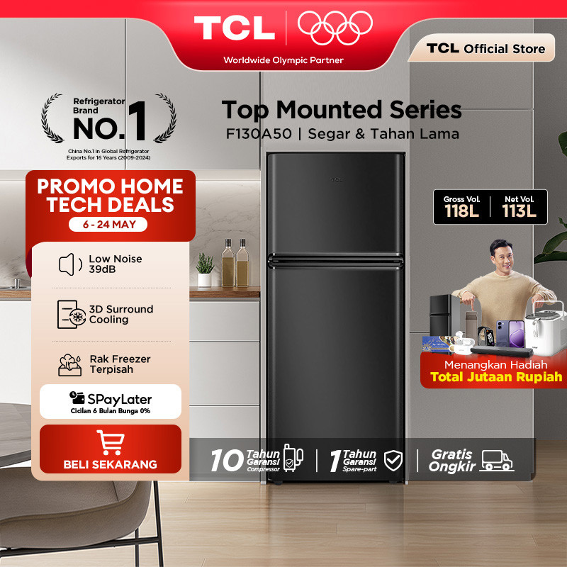 TCL Kulkas 2 Pintu (F130-A50) - Kapasitas 118L - Rak Freezer Terpisah - 3D Surround Cooling - Adjust