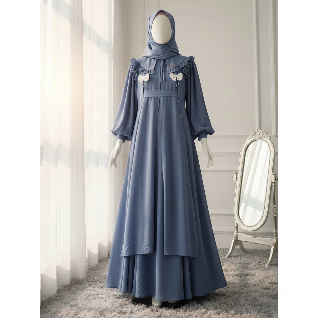 Gamis Anak Chalissa Matt Ceruty Babydoll Pita Polos Dress Set Outher Gamis Anak Masa Kini - EOSISHOP