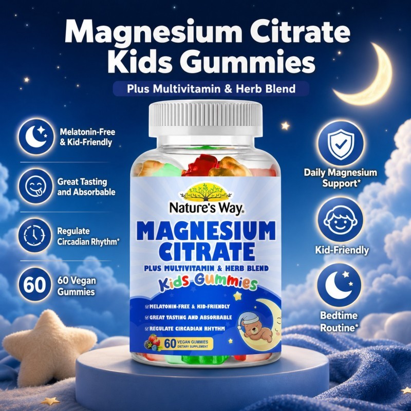 Nature’s Way Magnesium Citrate Kids Gummies 60pcs | Melatonin Free Multivitamin Herb Blend Vegan