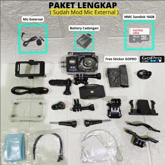 Kogan SportCam Action Camera 4K WiFi Paket Lengkap Modif Mic External & Battery 900mAh Untuk Motovlo