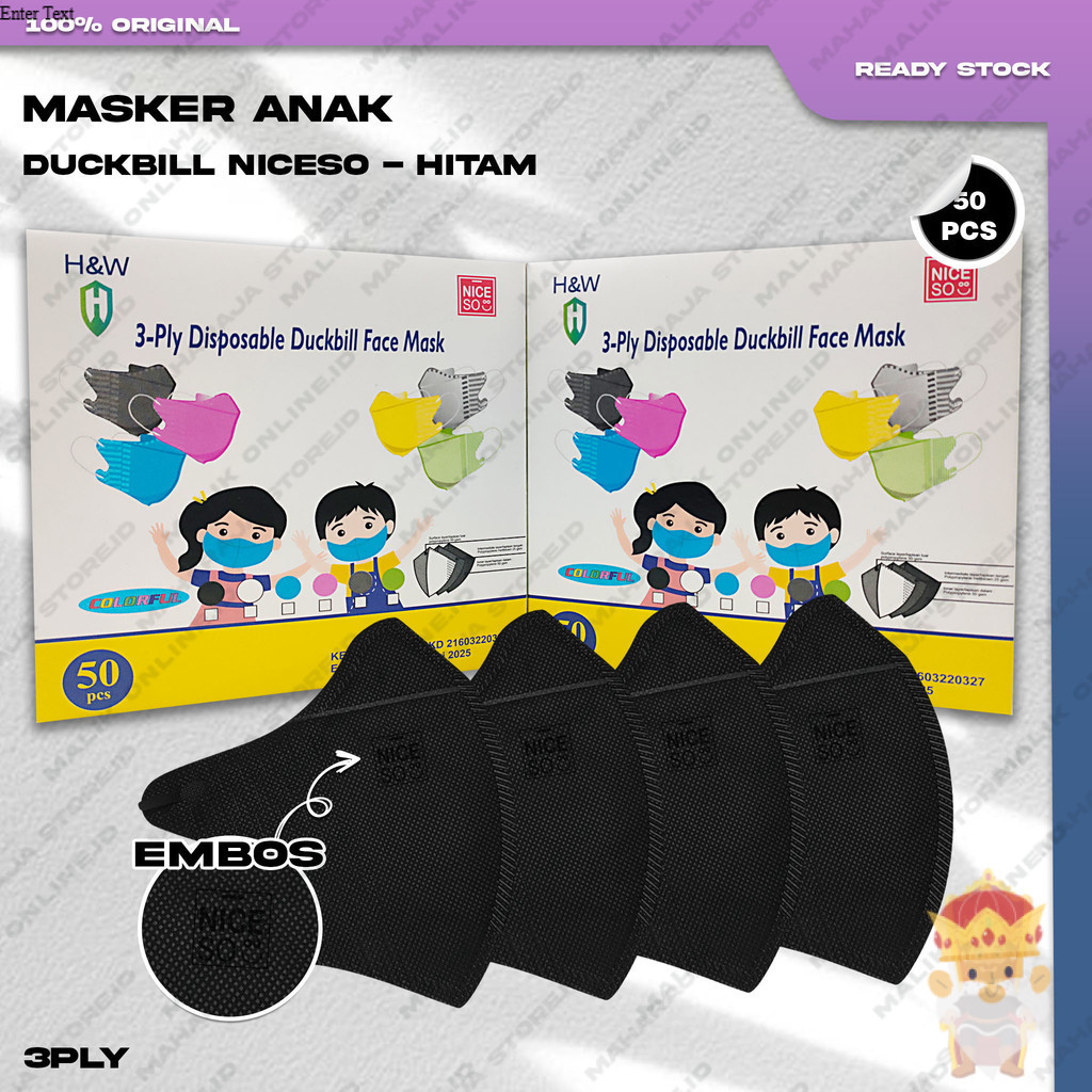 Masker Anak Duckbil NICESO 3Ply isi 50Pcs Warna Hitam Black Duckbill 3 Ply Earloop Surgical Mask Kem