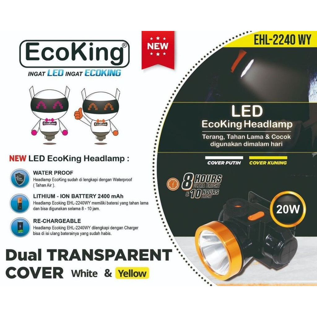 Emergency Lampu Senter Kepala LED 20 Watt 2400mAh ECOKING 2240 / Senter Ikat Kepala Bulat Cas Charge