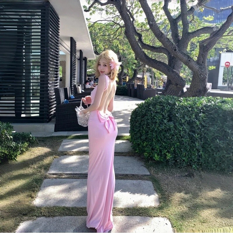 Seoul Cantik COD Dress Panjang Wanita Pink Backless Bodycon Pita Sexy Elegan Maxi Dress