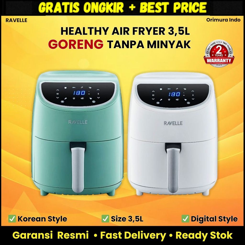 Ravelle Air Fryer 3.5L RAF-350 800W Penggorengan Tanpa Minyak Low Watt Healthy Cooking Crispy