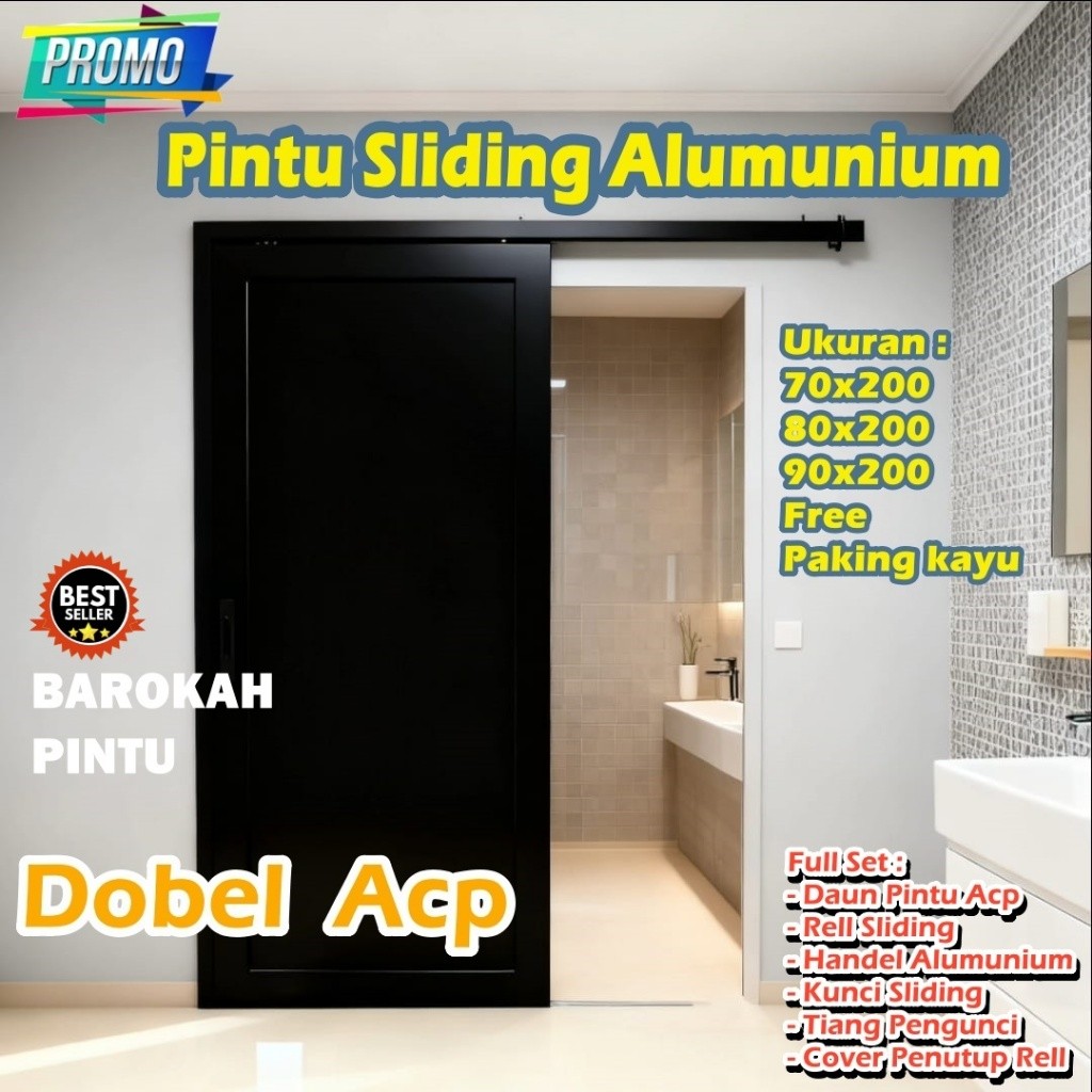 Pintu sliding aluminium ACP +  full set + penutup rel + Tiang pengunci L70xT200 / L80xT200 / L90xT20