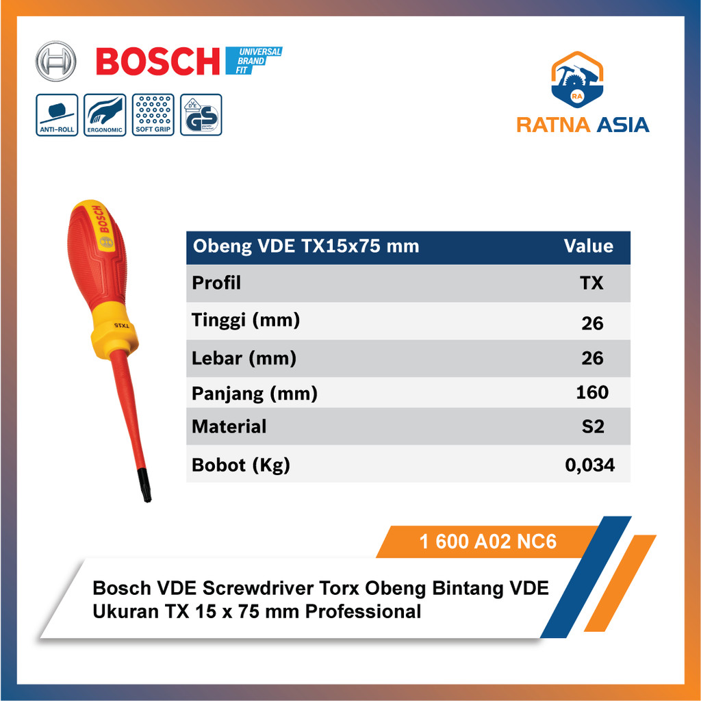 Bosch VDE Screwdriver Torx Obeng Bintang VDE Ukuran TX 15 x 75 mm Professional