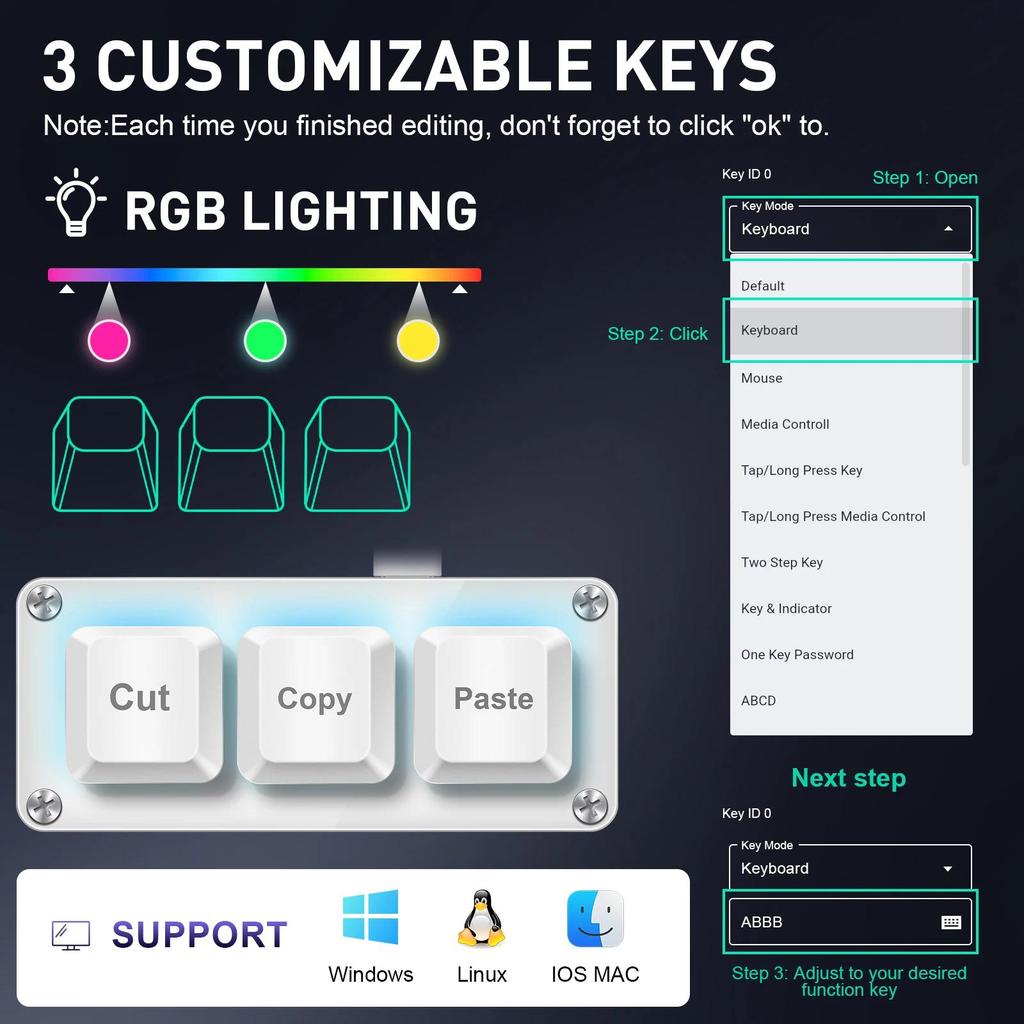 SAYODEVICE 3 Keys Mini Shortcut Key Office Work Macros Keypad OSU Rhythm Game Keypad Gaming USB Wire