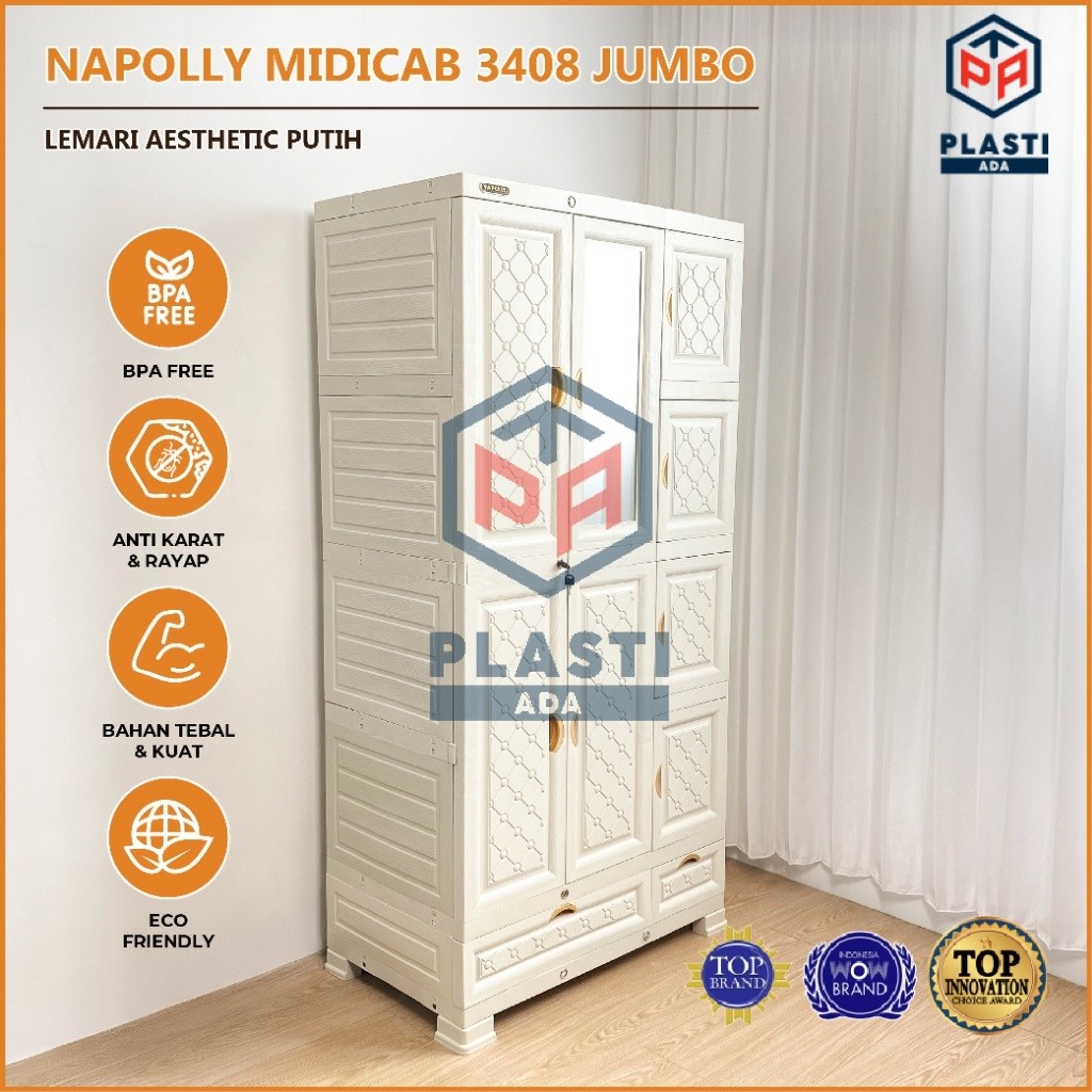 NAPOLLY MIDICAB 3408 JUMBO - Lemari Pakaian Gantung + Kaca / Lemari Baju Susun Plastik Jumbo