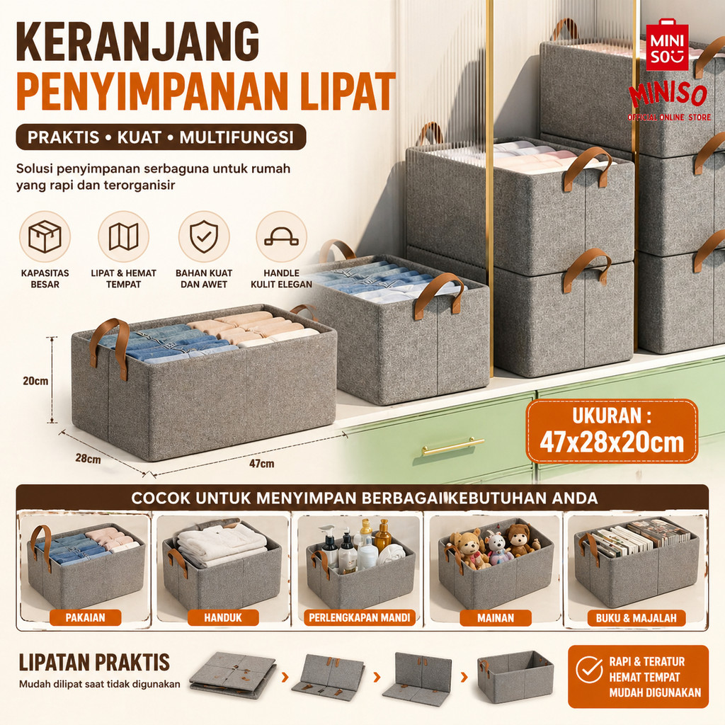 MINISO BALI | Keranjang Penyimpanan Lipat Foldable Storage Box Penyimpanan Pakaian Lipat Kotak Penyi