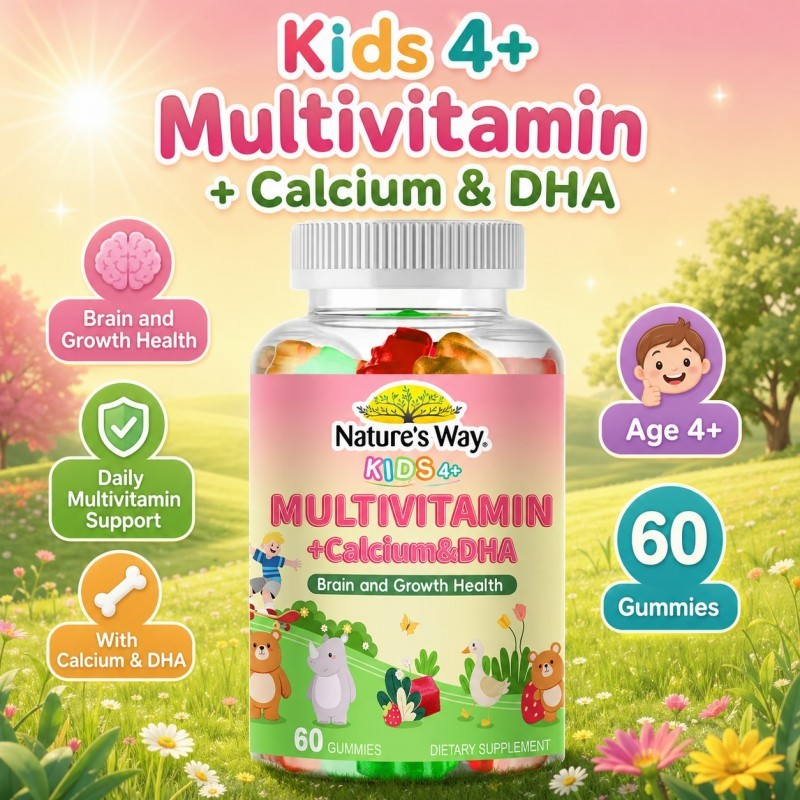 Nature’s Way Kids 4+ Multivitamin Calcium DHA 60 Gummies | Brain Growth Health Anak