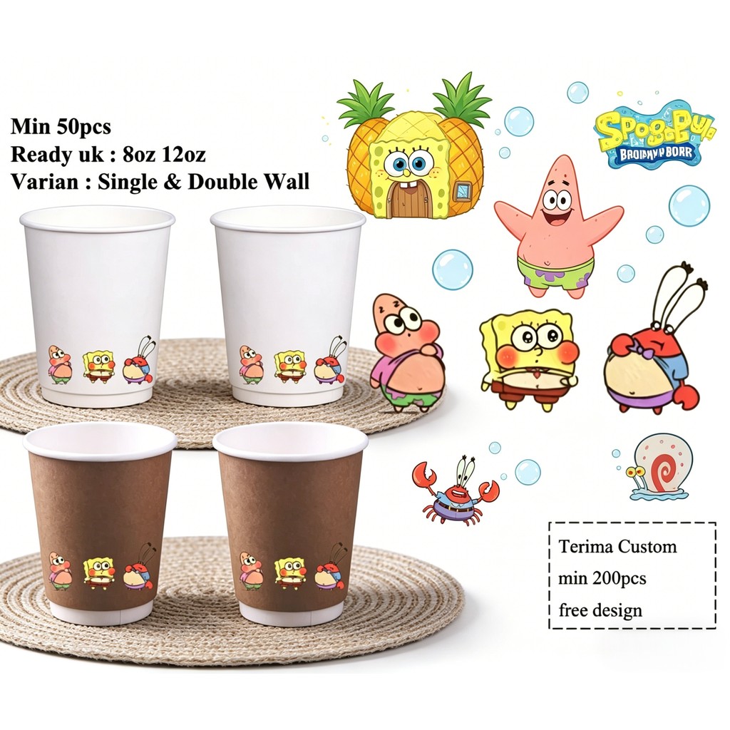 Custom Paper Cup Full Print Spongebob 8oz 12oz | Single & Double Wall | Gelas Kertas Food Grade