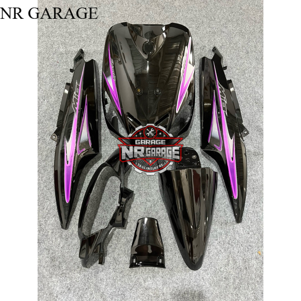 Cover full body halus fullset yamaha mio sporty hitam +striping variasi list ungu