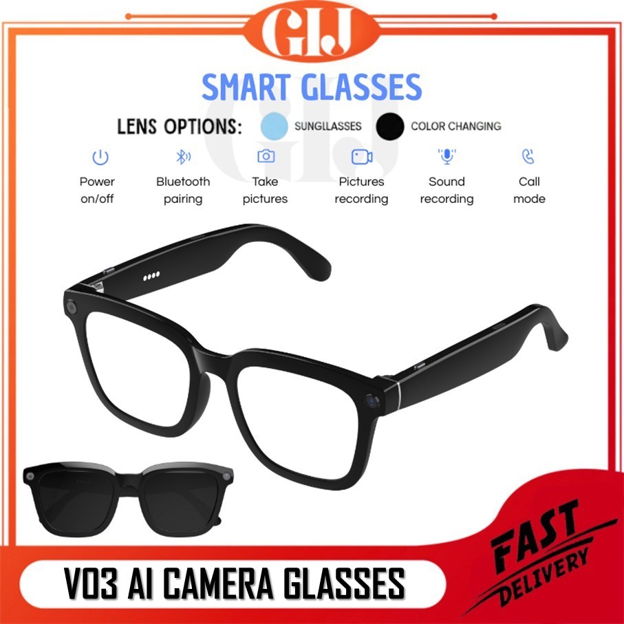 V03 AI-Vision Smart Glasses Kacamata Pintar Bluetooth Perekaman Video, AI, Audio, Kamera