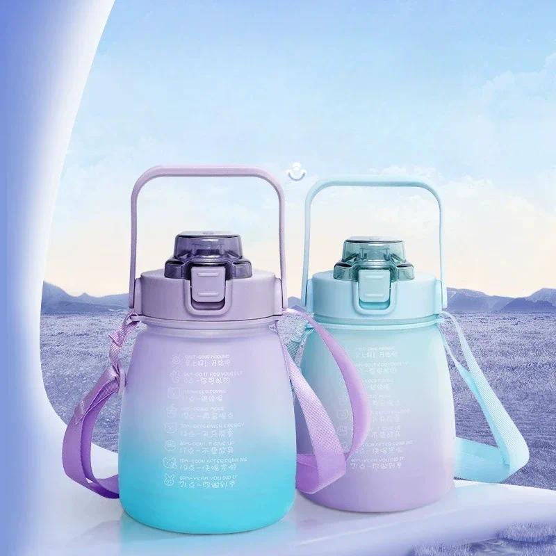 New Graent Color Big Belly Cup Large Capacity Plastic Water Bottle with Straw Adjustable Strap Sport