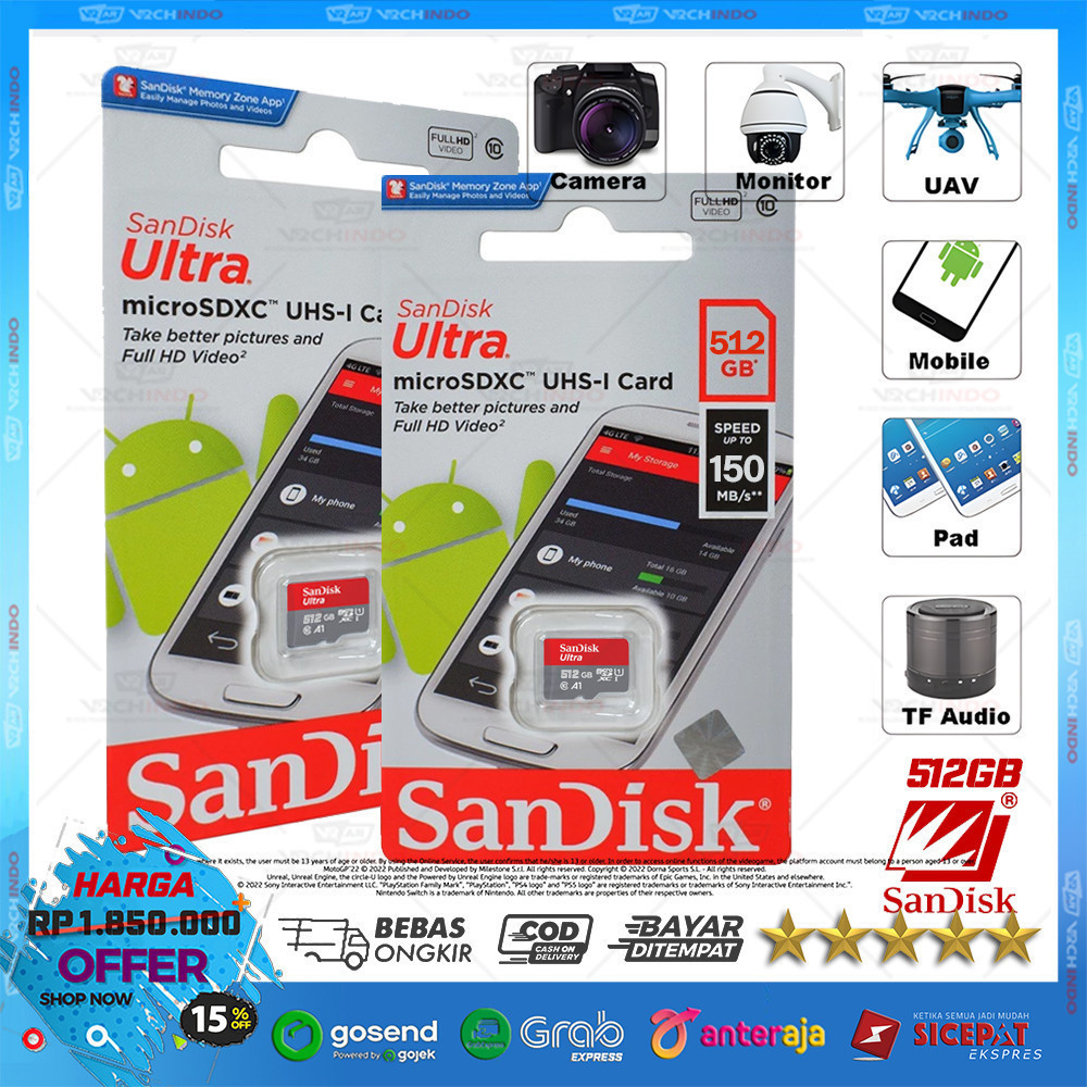 Micro SD Sandisk ULTRA UHS-I A1 Class 10 Merah - Abu 16GB / 32GB / 64GB / 128GB Original Memory Card