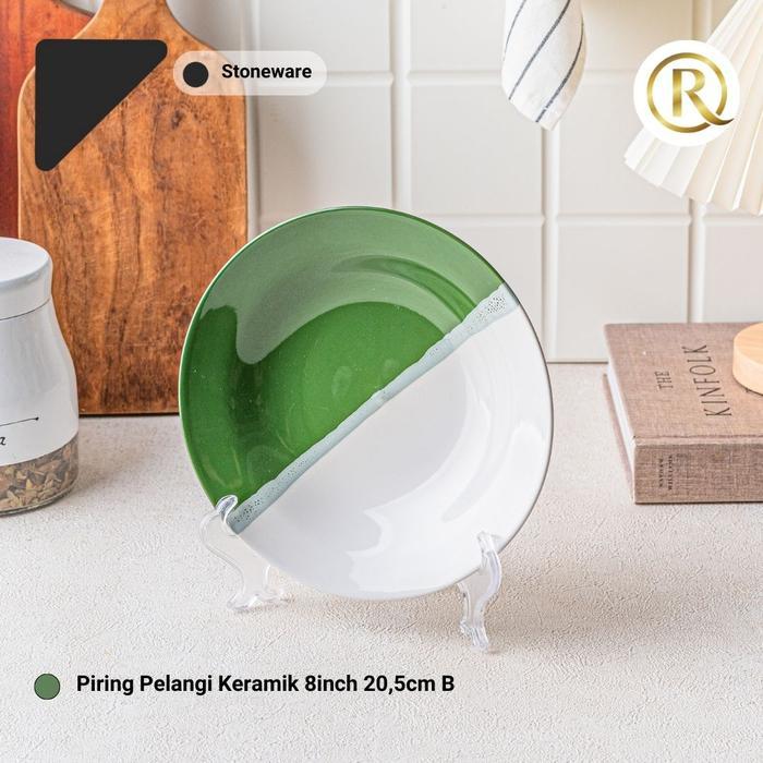 Termurah Piring Pelangi 2 Warna Stoneware Keramik 8inch 20,5cm Polos B - Hijau