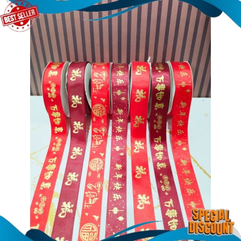 Pita Kado Imlek Premium Bahan Satin Pita Imlek 22 Meter Pita Motif BIG SALE 