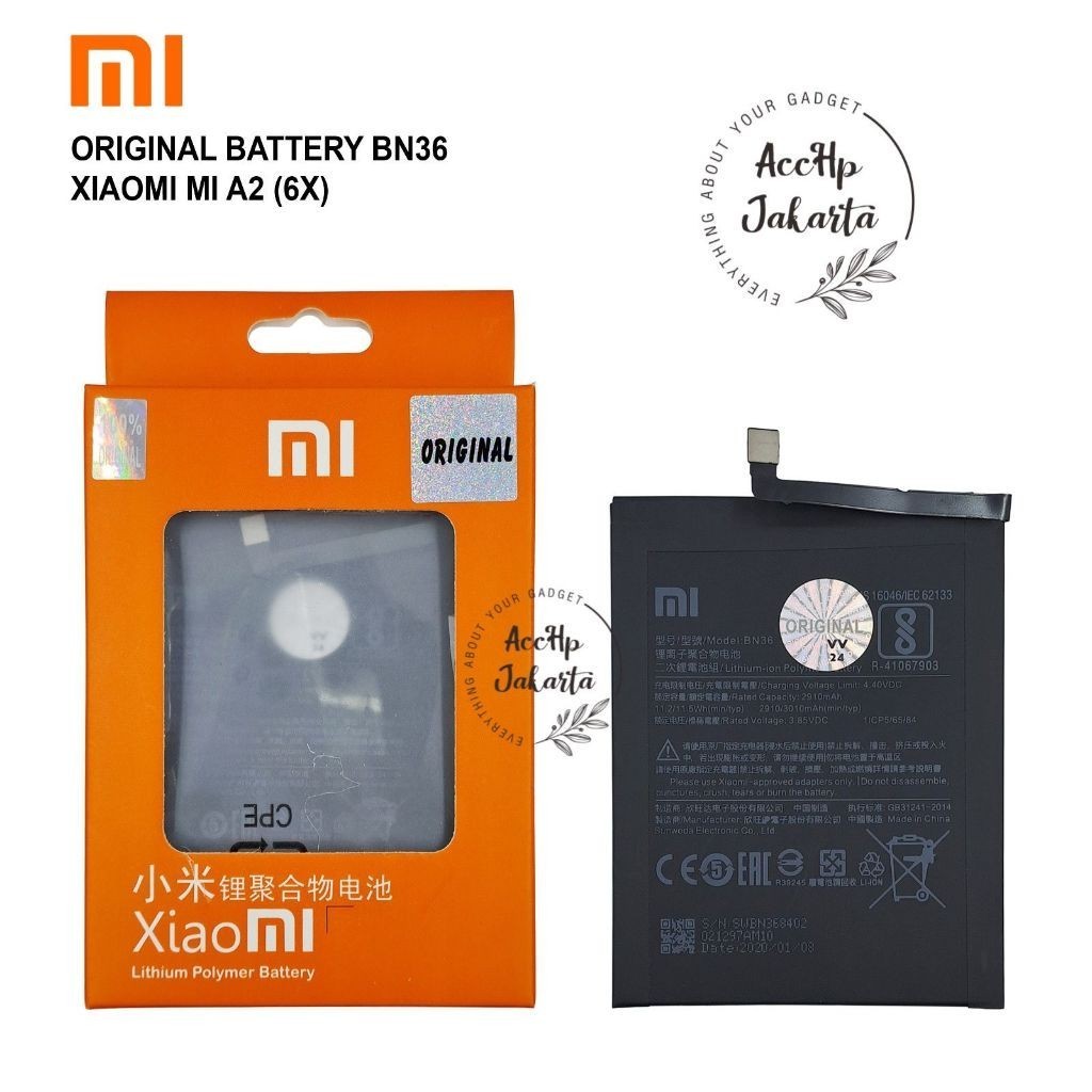 Baterai Batre Xiaomi MI A2 6X BN 36 / Batrai Batrei Xiaomi MIA2 6X BN36 Original 100%