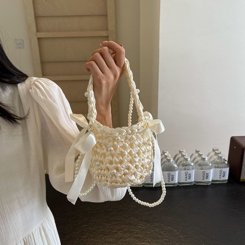 [Amy] tas rajutan rantai mutiara tangan rajutan handbag ember tas mini hollow backpack wanita