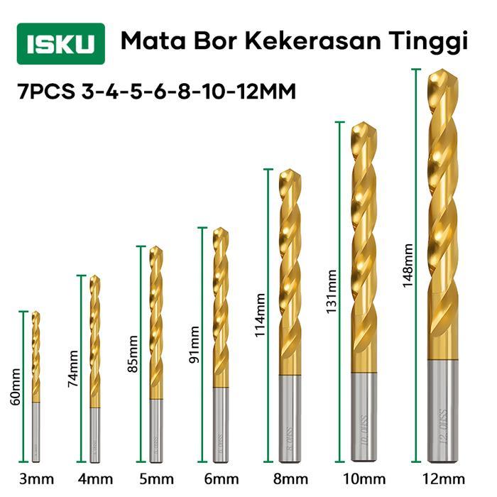 ISKU Mata Bor baja HSS Memutar Bor Mata Bor Baja Kecepatan Tinggi - 7pcs 3-12mm