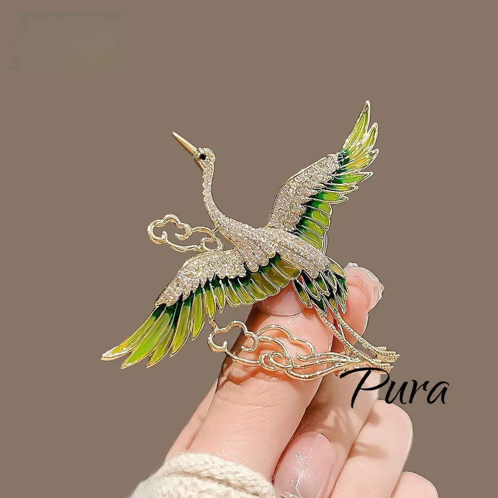 Pura Bros Pin Dada Bangau Enamel Hijau Zirkon Bros Hijab Elegan Jepit Kuat Aksesoris Wanita Kebaya B