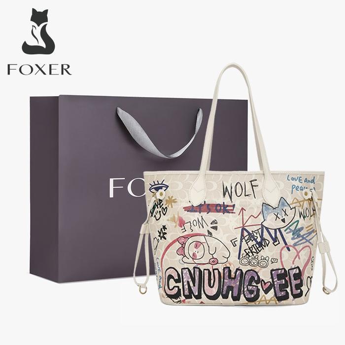 PROMO  FOXER Tas Tote Besar Wanita Tas Bahu Grafiti Lucu Tas Wanita Modis dan Kreatif - Putih Grafit
