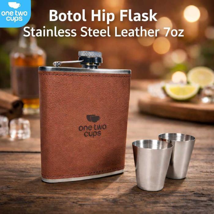 One Two Cups Botol Hip Flask Stainless Leather 7oz with Shot Glass - TAG7  - Coklat AM10 Alanmasbro1