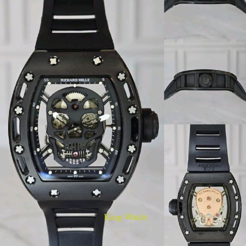 JAM TANGAN AUTOMATIC RM 052 SKULL SS RUBBER FULL BLACK DIAL DM 42MM SC COLLECTION