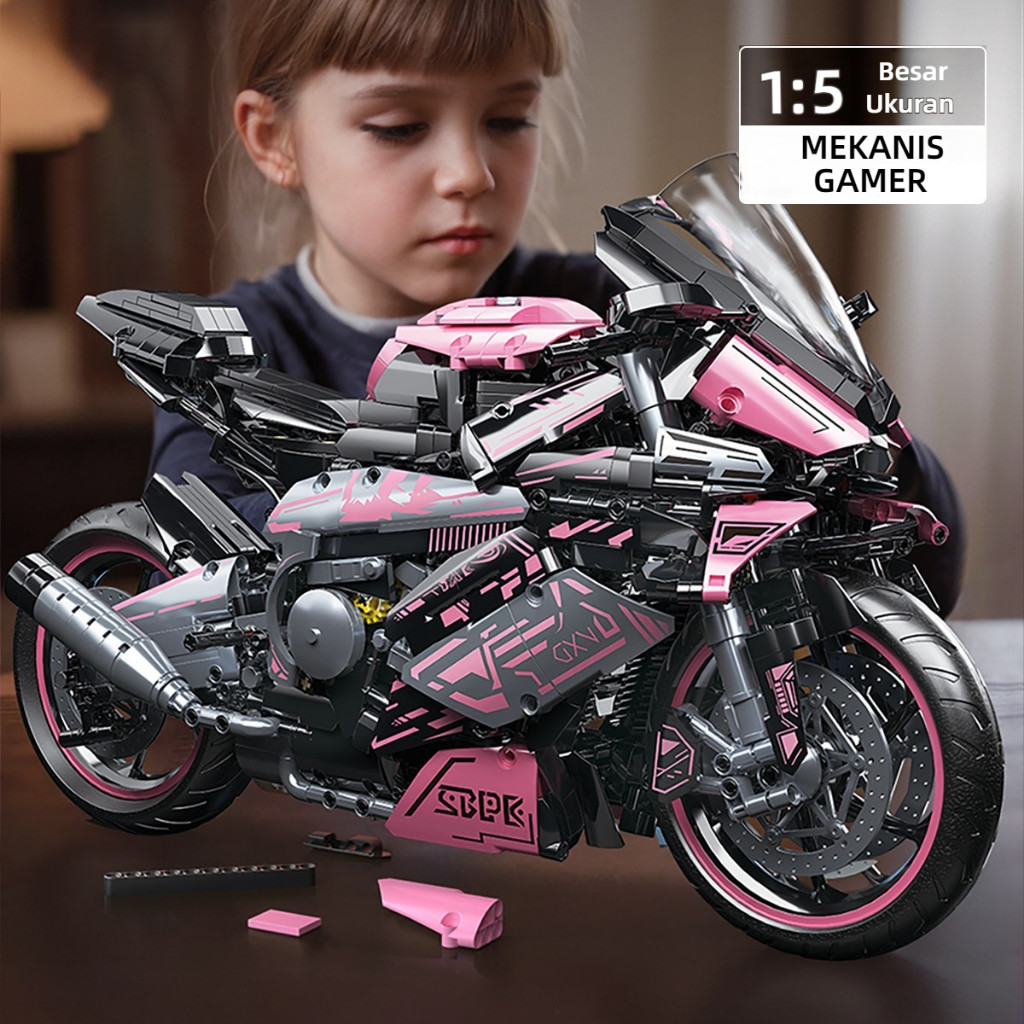 1:5 Pink Sepeda Motor Blok Bangunan Mainan puzzle mainan blok mobil besar model mobil anak-anak hadi