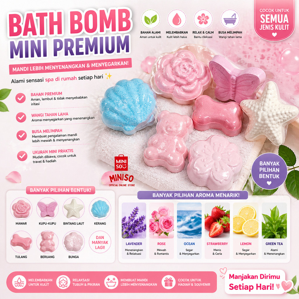 Official BALI MINISO EAZZY Bath Bomb Mini Premium / Fun Premium Aromatherapy Bath Bomb / Mandi Busa