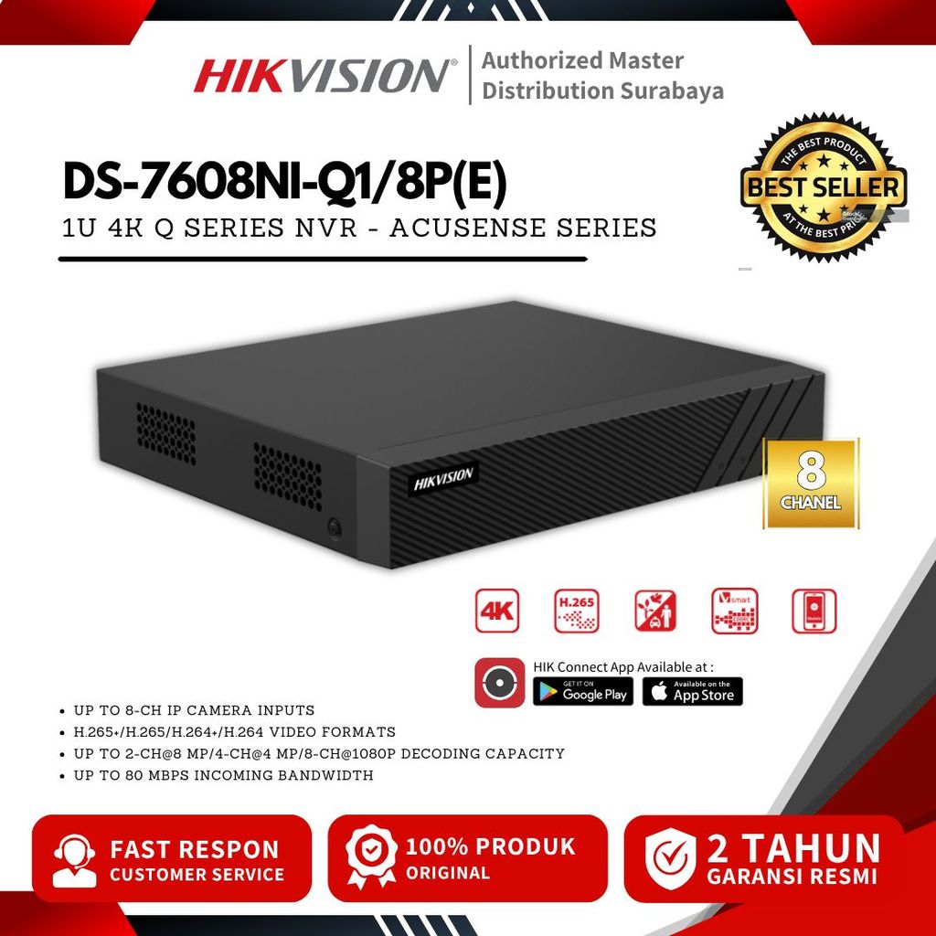 DS-7608NI-Q1/8P(E) - HIKVISION NVR 8 Chanel 7600 New Series Include POE