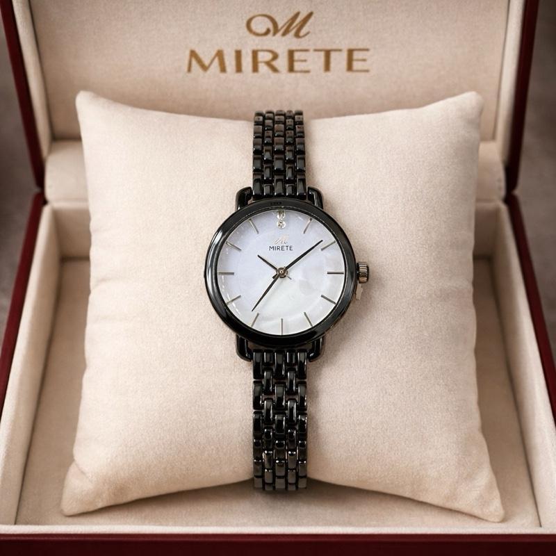 Mirete Jam Tangan Wanita Model Elegan Stainless Steel dengan Tali Rantai Hitam dan Dial Putih Mewah