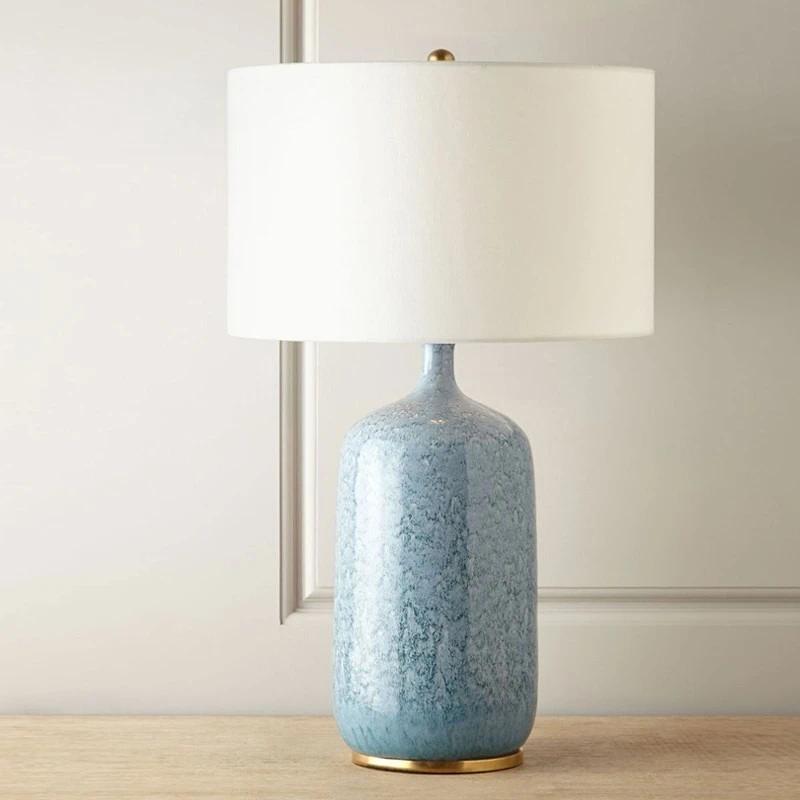 American table lamp, bedside creative blue ceramic living room table lamp, Chinese vintage model hou