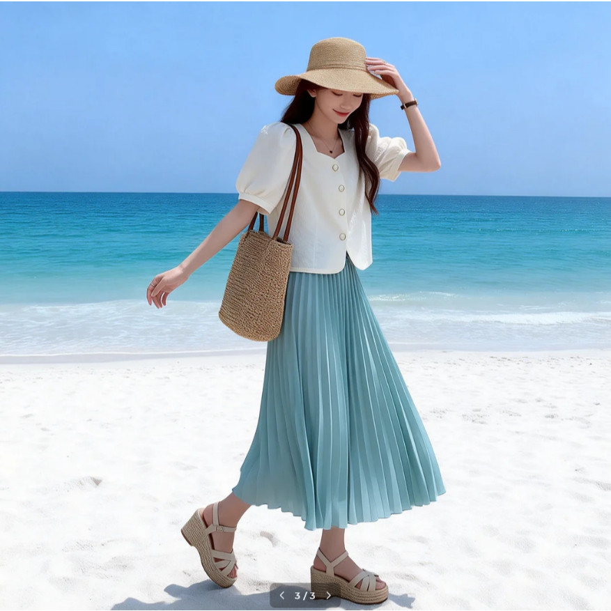 sage green long beach skirt outfit for women plus size 3xl korean black pleated skirt high waist new
