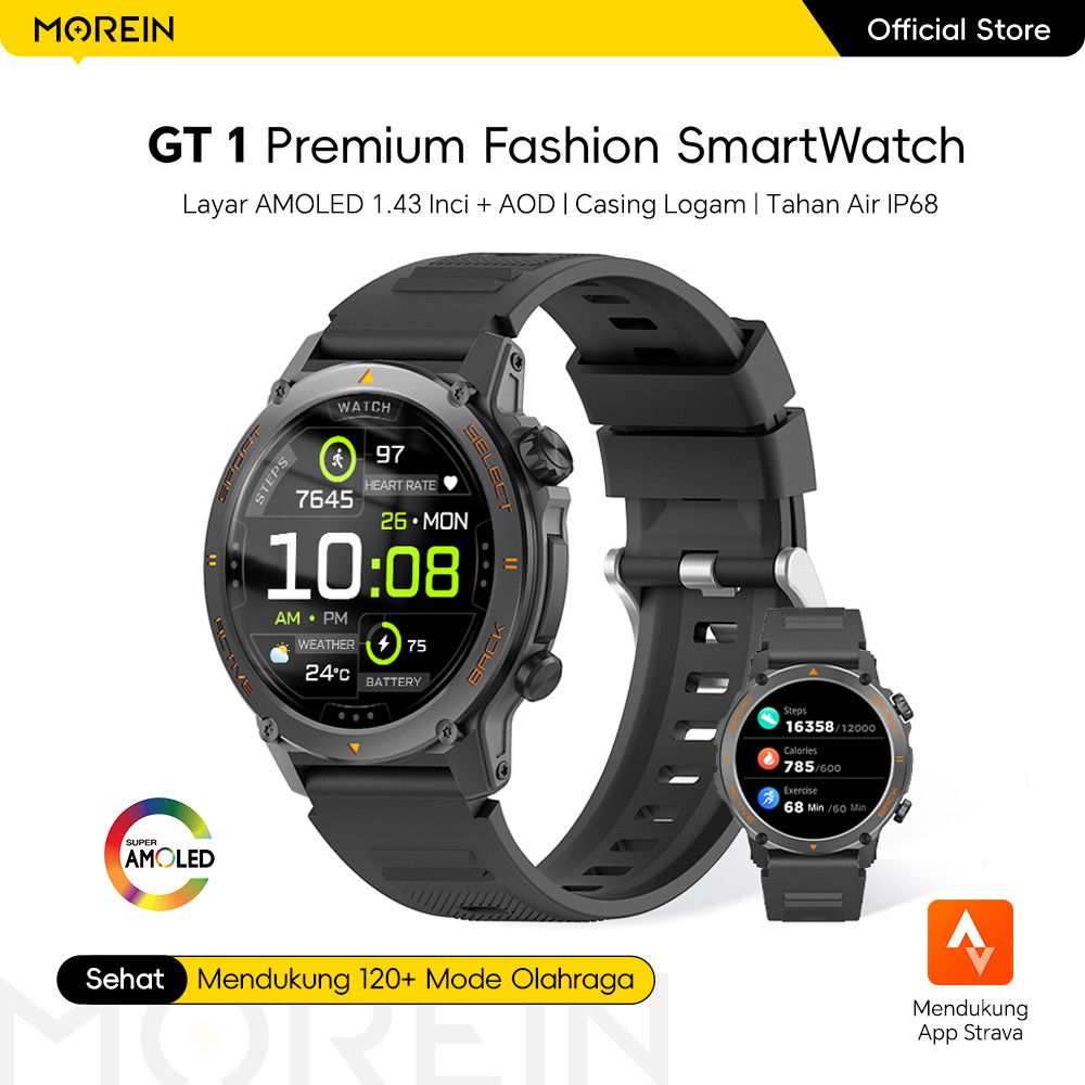 Morein Plus GT1 Smartwatch - Layar AMOLED 1.43" | Tahan Air IP68 | 100+ Mode Olahraga | Panggilan Bl