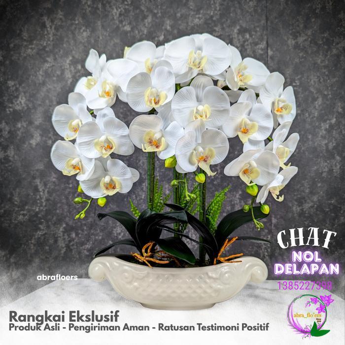 Abra Flo'ers - Artificial Plant - Rangkaian Bunga Anggrek Latex Premium - Incl Pot Keramik - 3 Tangk