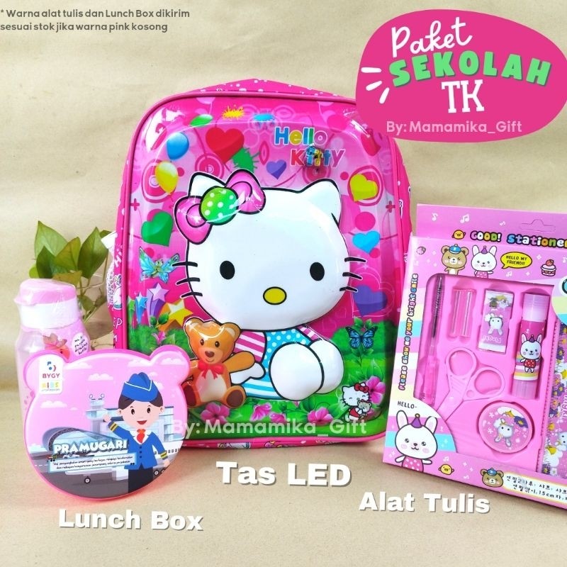 PAKET TAS RANSEL ANAK TK HELLO KITTY / KADO ANAK SEKOLAH TAS LED HELLO KITTY | Mamamika__