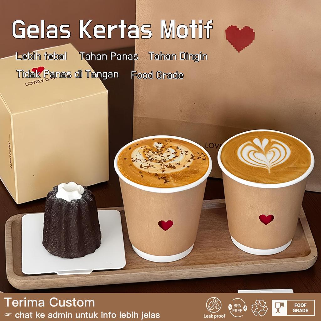 Paper Cup Double Wall Kraft 8oz 12oz  MOTIF COFFE & TEH FOOD GRADE - GELAS KERTAS MINUMAN TAHAN PANA