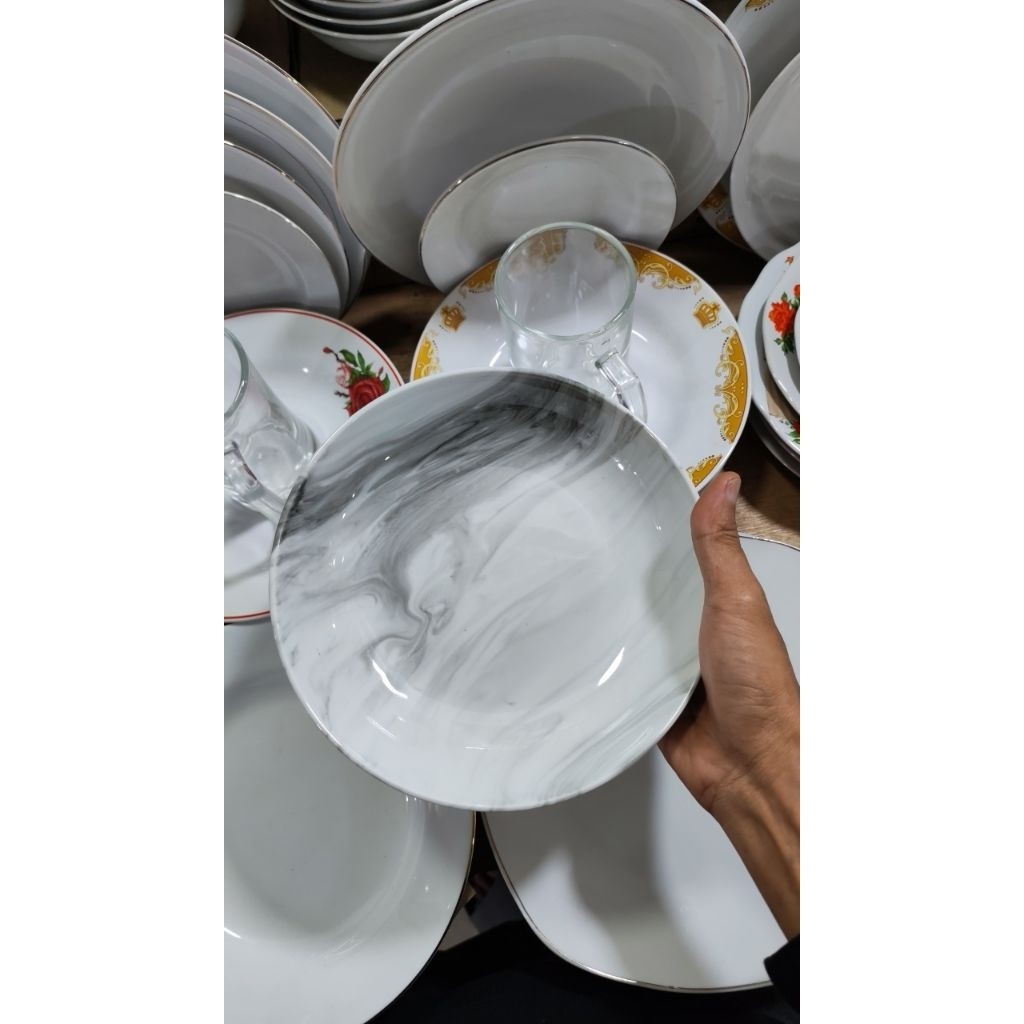 Piring Makan Keramik 8 Inch Motif Marmer Hitam Abu - Piring Cekung Estetik 6 pcs premium