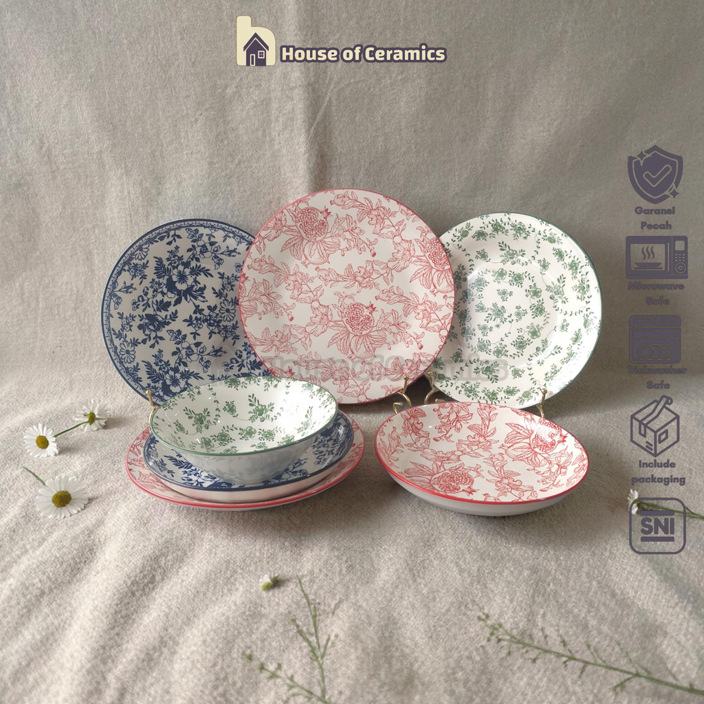 SAKATO Piring Keramik Makan Motif Bunga Dinner Piring Keramik Bunga Cantik Aesthetic Bermotif