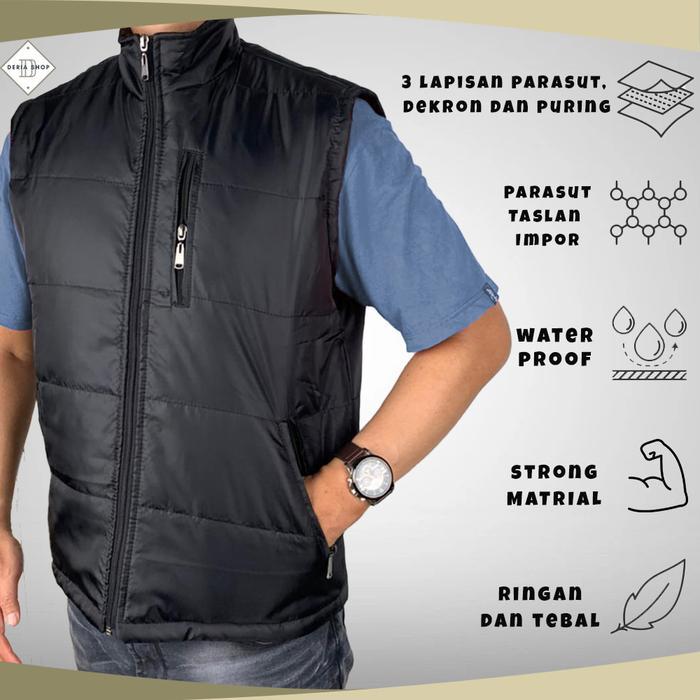 Rompi Gelembung Parasut Pria Polos Hitam Navy Dewasa Anak Vest Puffer Resleting Tebal Anti Angin Air
