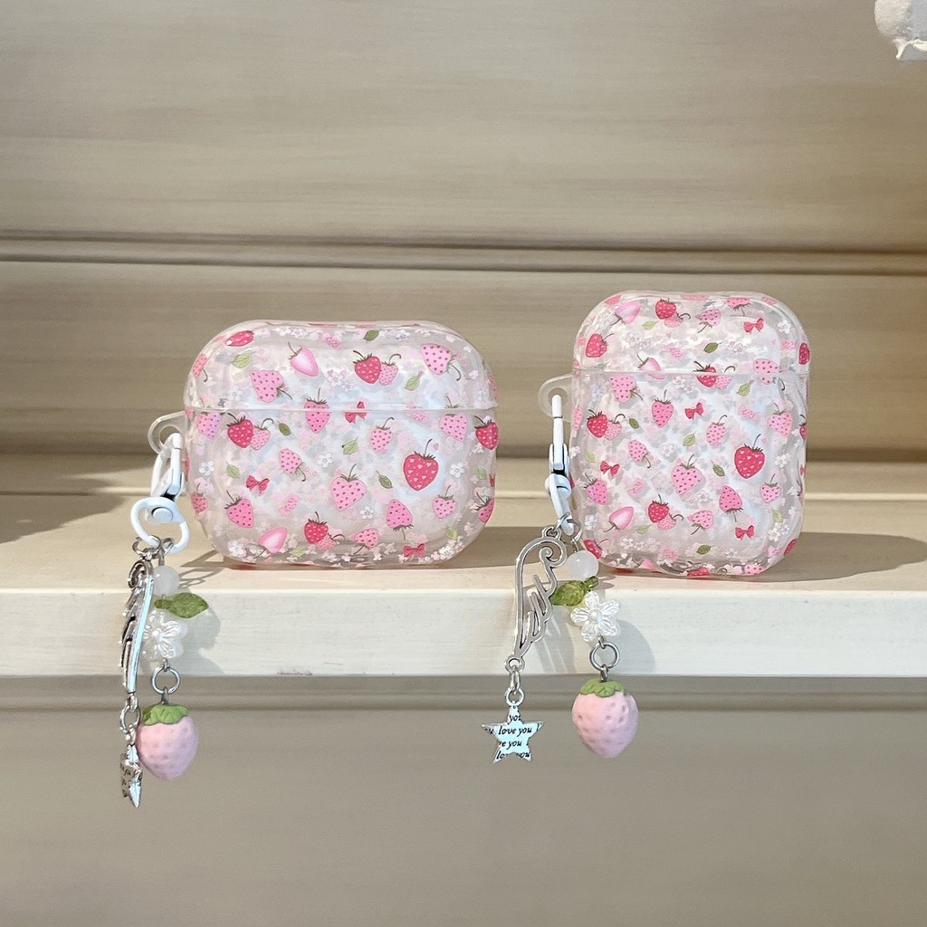 Casing Pelindung Earphone AirPods Pro3 stroberi merah muda kecil yang lucu dengan liontin Pro2 Pro u